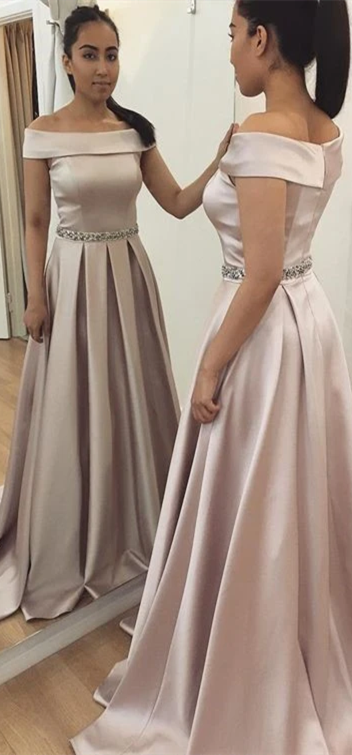 Off Shoulder Long A-line Satin Beaded Prom Dresses, Elegant Prom Dresses, Long Prom Dresses