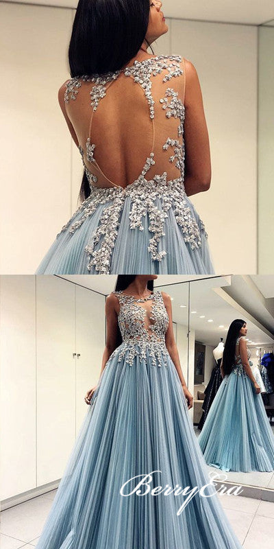 Dusty Blue Lace Tulle Prom Dresses, Open Back Prom Dresses, Long Prom Dresses