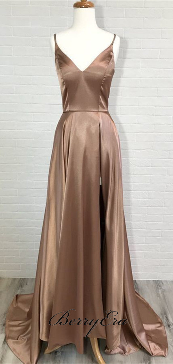 Simple Long A-line Side Slit Prom Dresses, Elastic Satin Prom Dresses, Long Prom Dresses