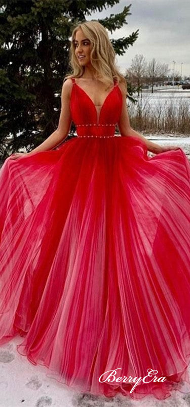 Straps V-neck Red Tulle Prom Dresses, Beaded Long Prom Dresses, Gradient Prom Dresses