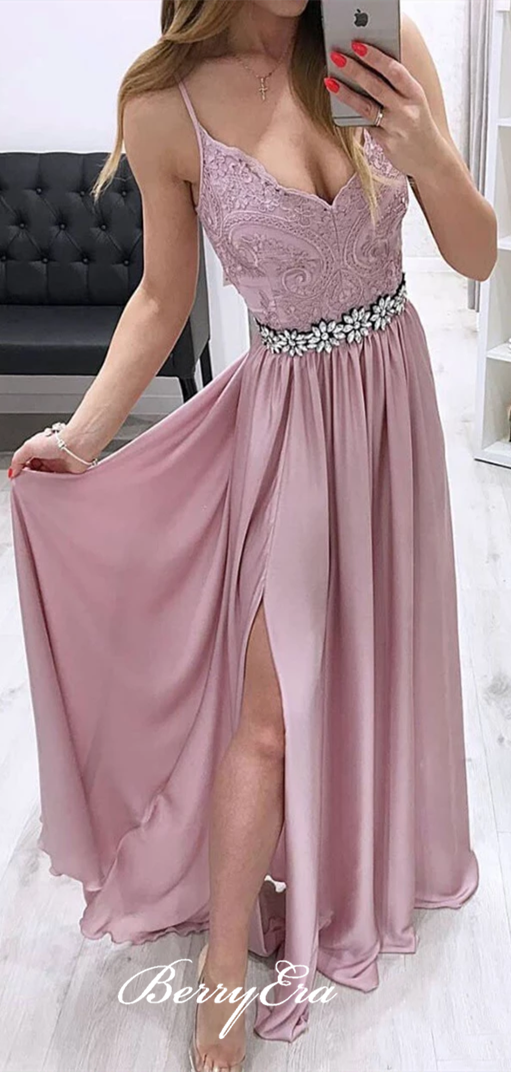 Spaghetti Long Prom Dresses, Lace Elastic Satin Prom Dresses, Dusty Rose Prom Dresses