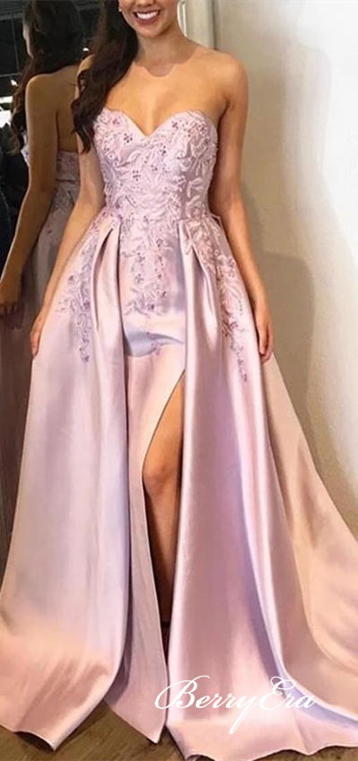 Sweetheart  Long Prom Dresses, Side Slit Prom Dresses, Long Pink Prom Dresses, Lace Beaded Prom Dresses