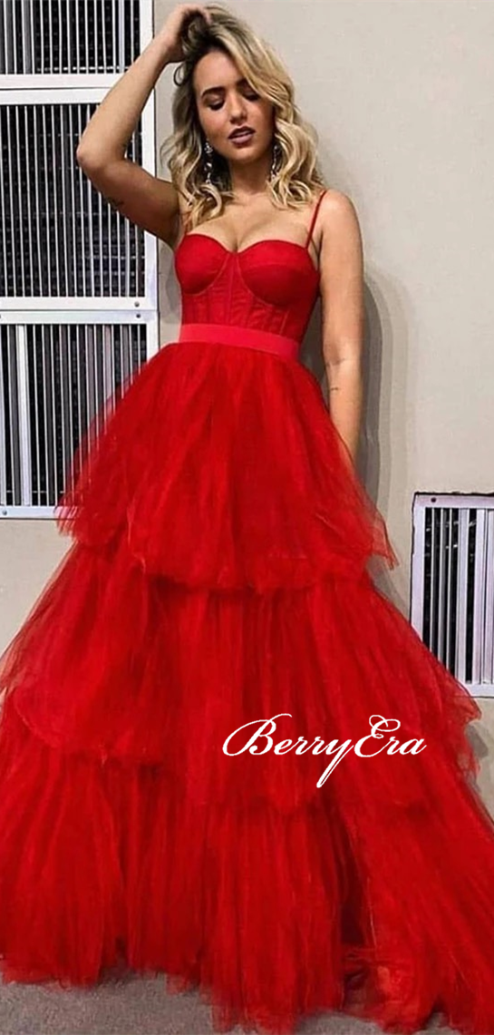 Spaghetti Long A-line Red Tulle Prom Dresses, Layers Long Prom Dresses, 2020 Prom Dresses