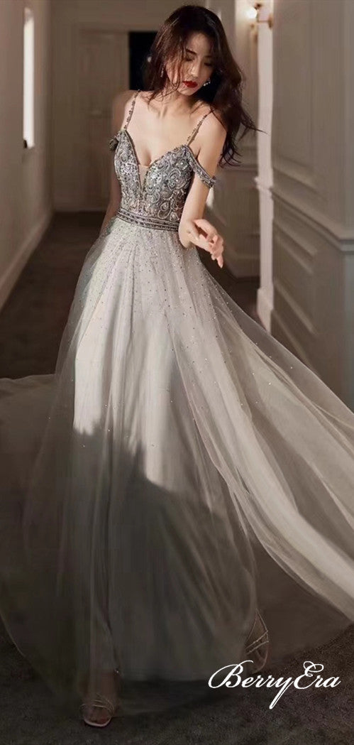 Spaghetti Long A-line Grey Beaded Tulle Long Prom Dresses, Popular Prom Dresses