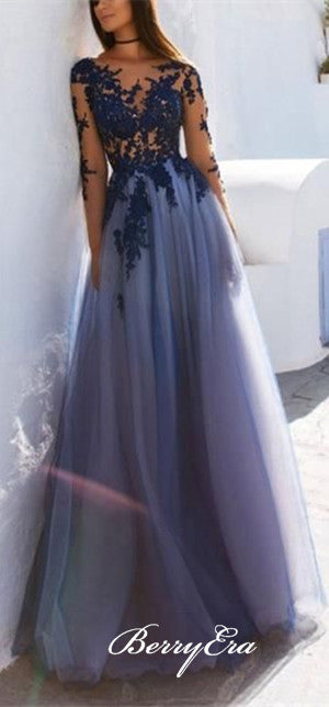 Long Sleeves Lace Tulle Prom Dresses, Popular Prom Dresses, Open Back Prom Dresses