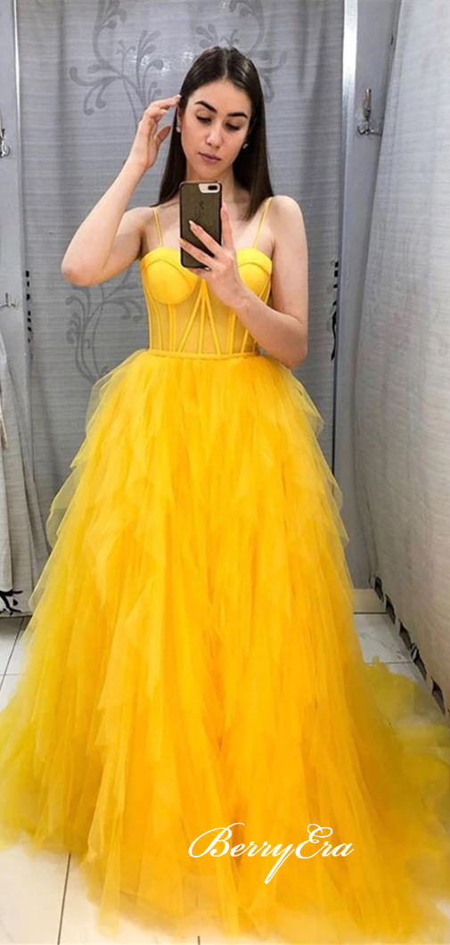 Lovely Long A-line Yellow Tulle Prom Dresses, Spaghetti Long Prom Dresses, Newest 2020 Prom Dresses