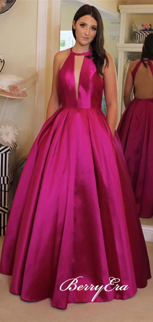 Hot Pink Long A-line Satin Prom Dresses, Open Back Long Prom Dresses, 2020 Prom Dresses With Pockets