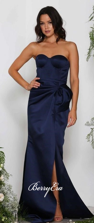 Strapless Navy Side Slit Satin Long Prom Dresses