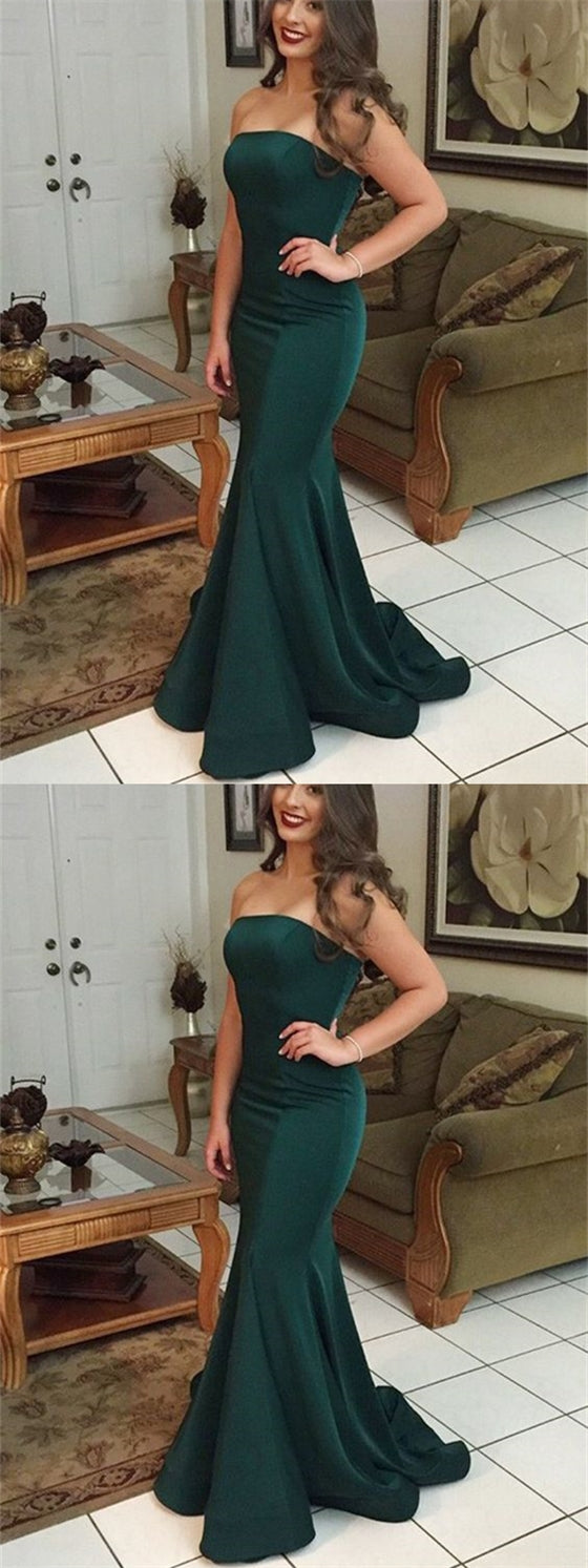 Strapless Emerald Green Mermaid Little Train Prom Dresses