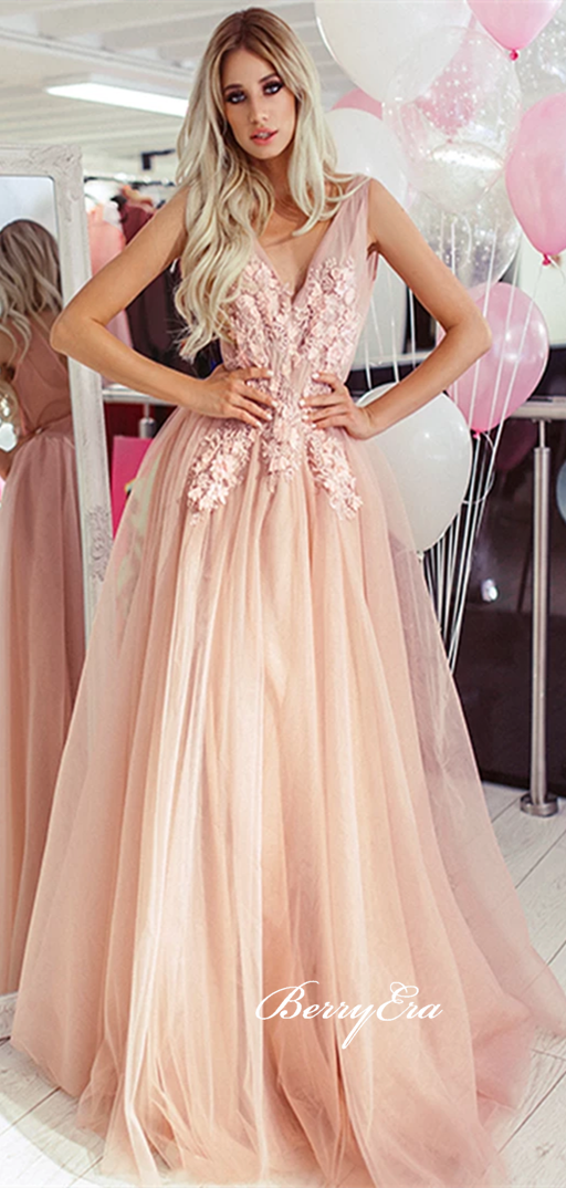 V-neck Long A-line Blush Tulle Lace Prom Dresses, Long Prom Dresses, 2020 Prom Dresses, Lace Prom Dresses