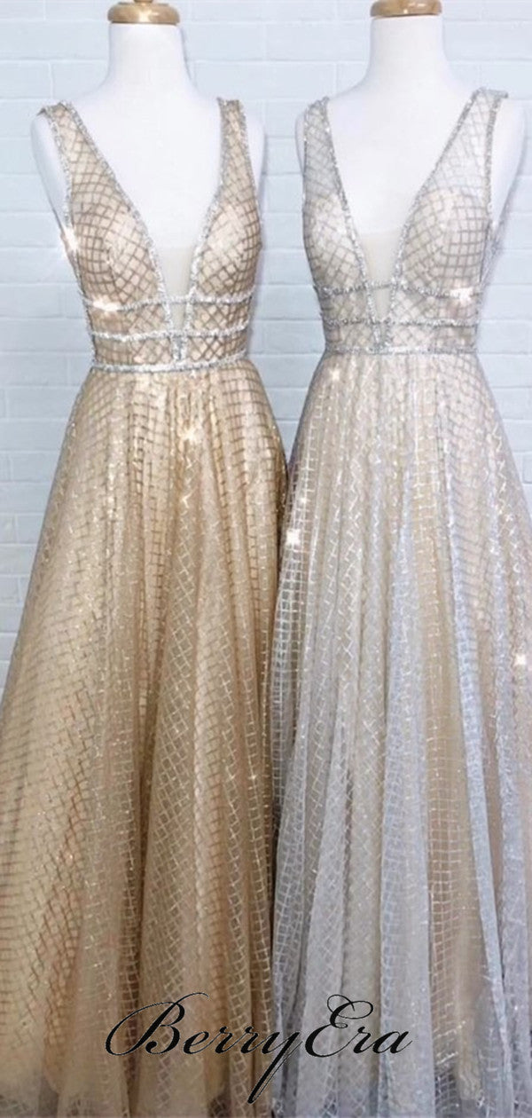 V-neck Long A-line Sequin Tulle Prom Dresses, Popular Prom Dresses, Prom Dresses