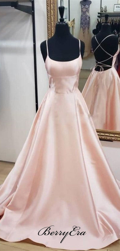 Long A-line Pink Satin Prom Dresses, Affordable Prom Dresses, Newest Prom Dresses