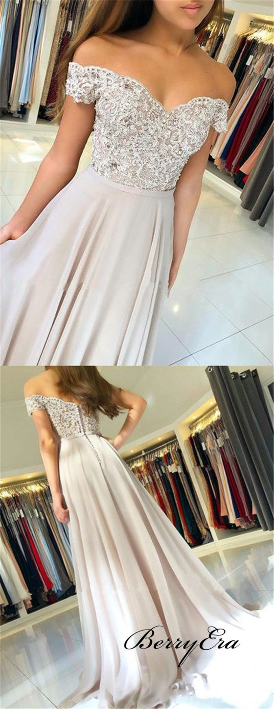 Off Shoulder Grey Lace Beaded Prom Dresses, Long Prom Dresses