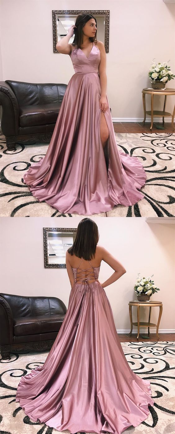 V-neck Long A-line Side Slit Dusty Pink Prom Dresses