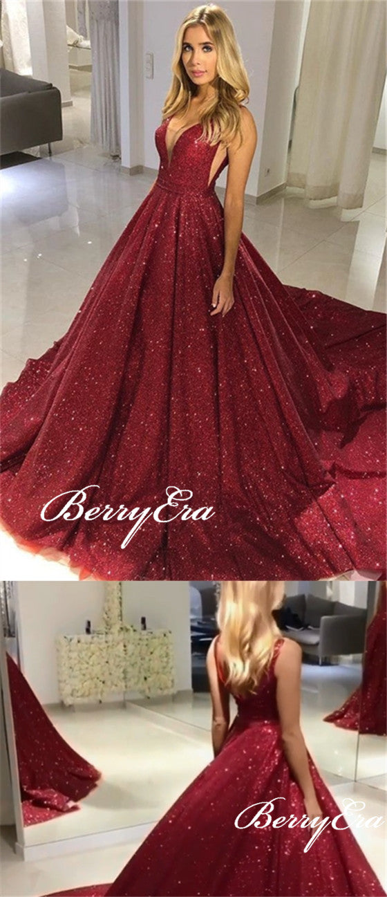 Shiny Red Sequin Tulle Prom Dresses, Sparkle Prom Dresses, Long Prom Dresses