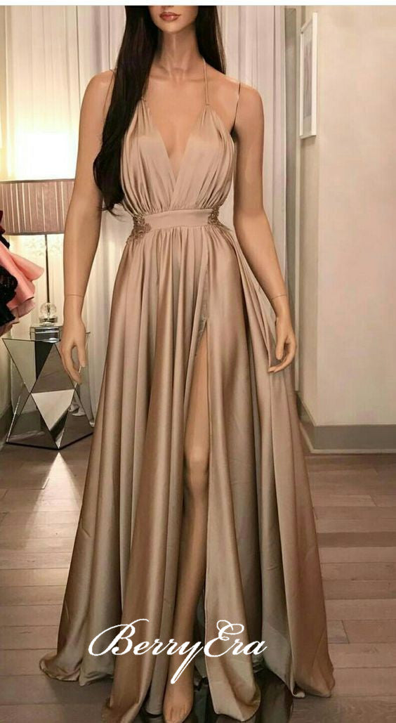 Spaghetti Long A-line Sexy Side Slit Prom Dresses