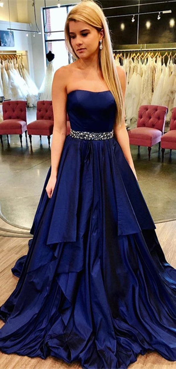 Strapless Navy Satin Beaded Prom Dresses, Long Prom Dresses, Affordable Prom Dresses