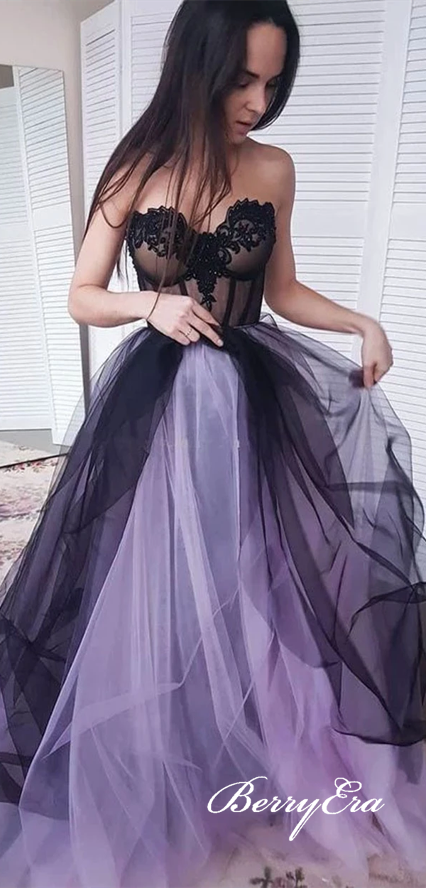 Sweetheart Long A-line Lace Tulle Prom Dresses, Long Prom Dresses, Popular Affordable Prom Dresses