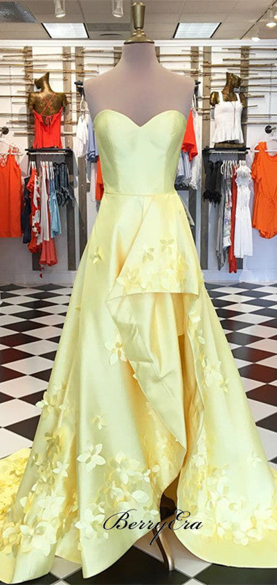 Sweetheart Long Satin Floral Prom Dresses, Hi-low Prom Dresses, Popular Prom Dresses