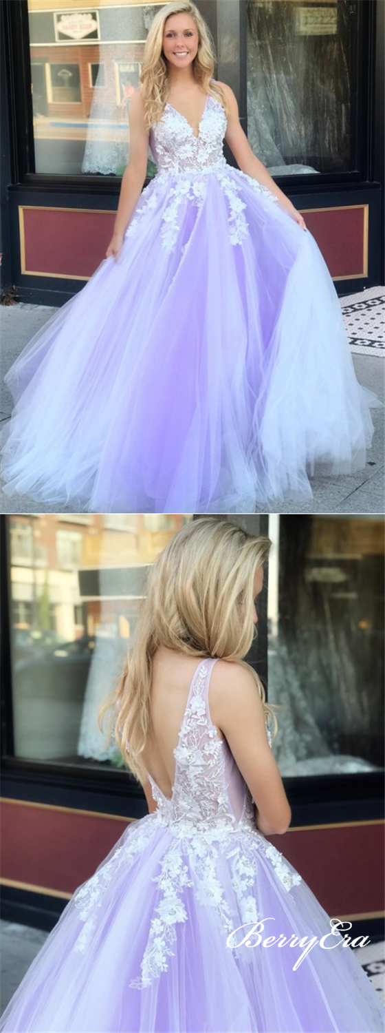 V-neck Long A-line Purple Tulle Lace Long Prom Dresses, New Arrival Prom Dresses