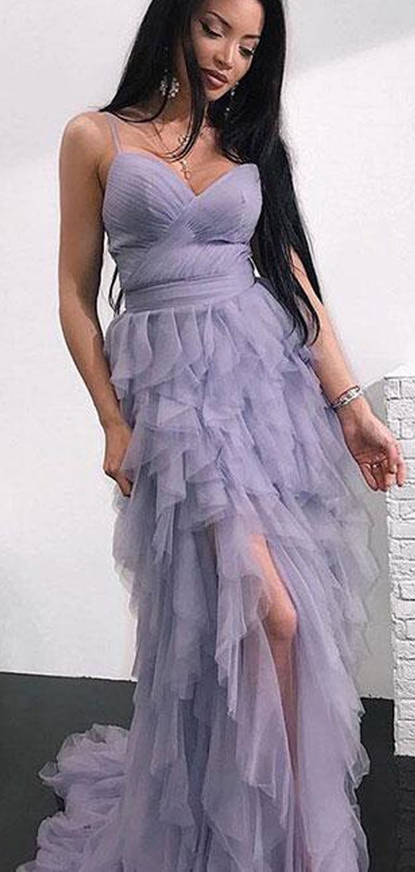 Unique Spaghetti Hi-low Dusty Purple Tulle Prom Dresses