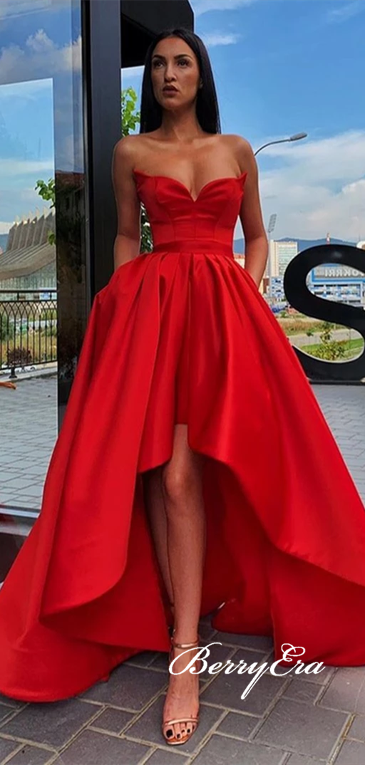 Strapless Long A-line Red Satin Prom Dresses, Hi-low Long Prom Dresses, Chic Prom Dresses