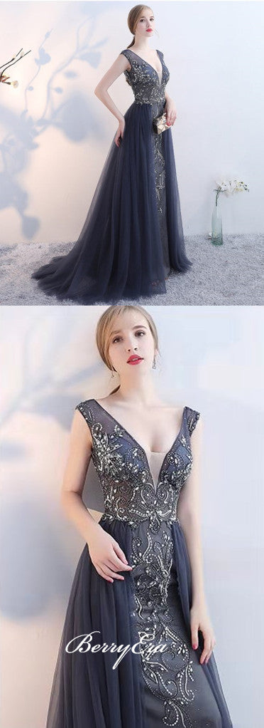 V-neck Dark Grey Rhinestone Beaded Tulle Prom Dresses, Popular Prom Dresses