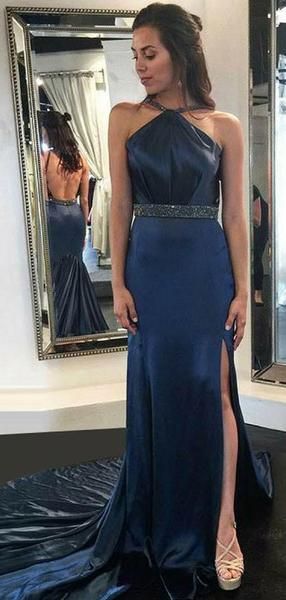 Long Sheath Navy Beaded Side Slit Prom Dresses