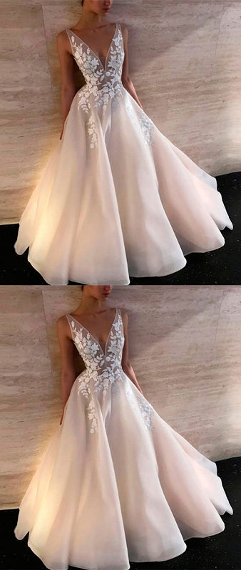 V-neck Long A-line Organza Appliques Prom Dresses, Popular Prom Dresses, Prom Dresses