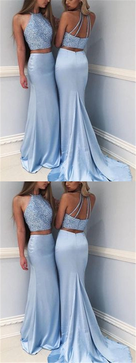 Light Blue Halter Beaded Long Soft Satin Prom Dresses