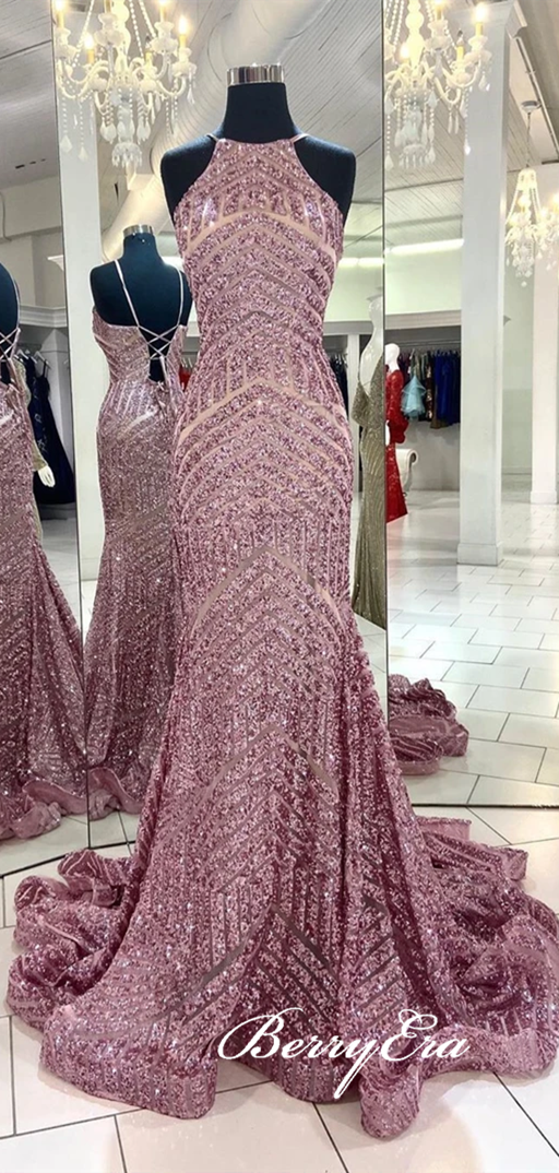 Lovely Rose Gold Sequin Long Mermaid Prom Dresses, Lace Up Prom Dresses, Long Prom Dresses