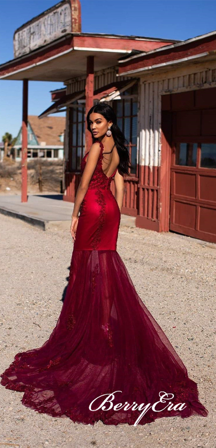 Straps Burgundy Long Prom Dresses. Mermaid Lace Tulle Prom Dresses, Popular Prom Dresses