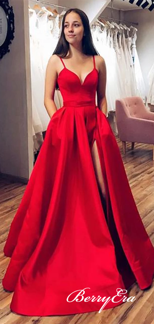 Spaghetti Long A-line Red Satin Prom Dresses, Side Slit Prom Dresses, Long Prom Dresses