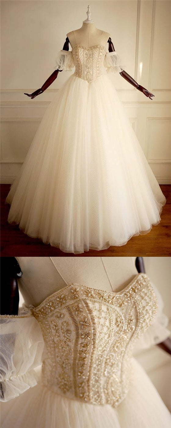 Sweetheart  Beaded Long A-line Wedding Dresses