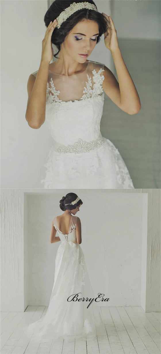 Elegant Sleeveless Lace Tulle Wedding With Beaded Belt