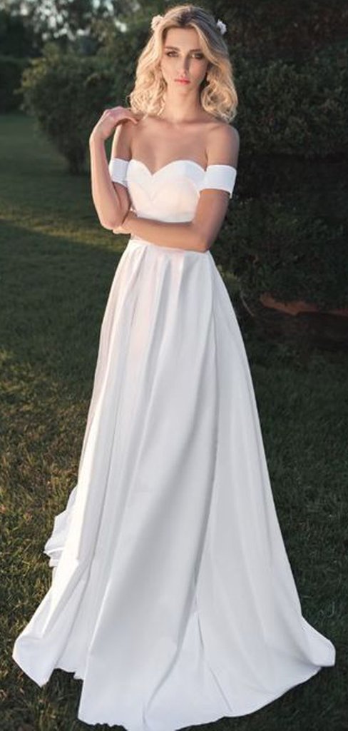 Off Shoulder Long A-line Off White Satin Wedding Dresses