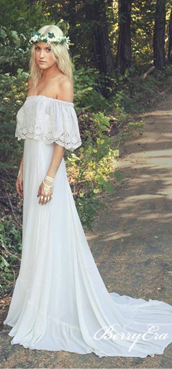 Off Shoulder Long Sheath Lace Boho Wedding Dresses