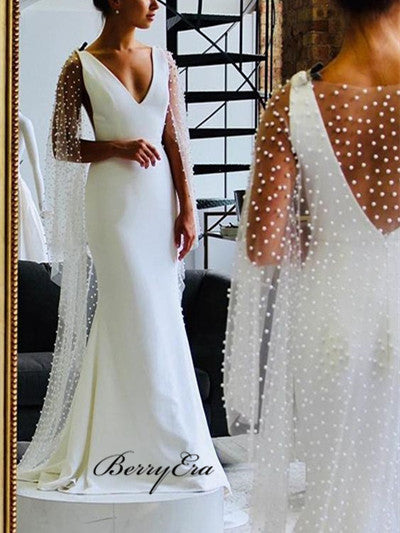 Elegant Long Mermaid Fitted Long Wedding Dresses With Pearl Cloak