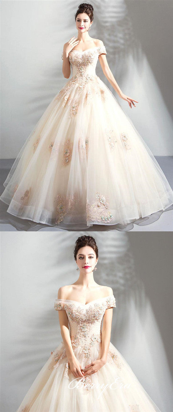 Off Shoulder Long A-line Lace Tulle Champagne Wedding Dresses