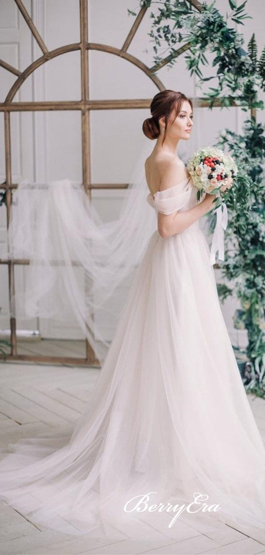 White Long Tulle Wedding Dresses, Off Shoulder Long Wedding Dresses, A-line Simple Wedding Dresses