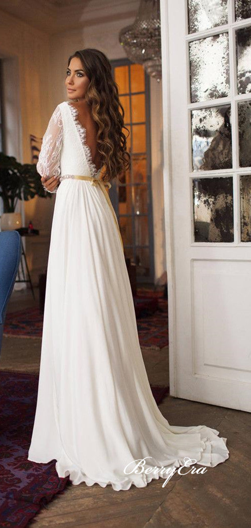 Long Sleeves Lace Top Chiffon A-line Ivory Wedding Dresses