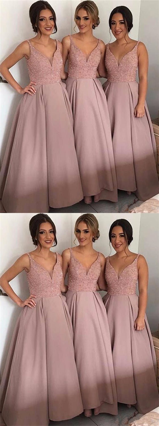 V-neck A-line Dusty Pink Beaded Bridesmaid Dresses, Long Bridesmaid Dresses