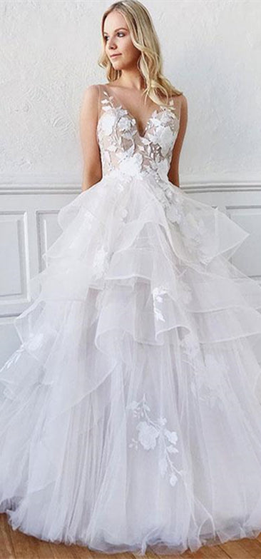 V-neck Lace Tulle Fluffy Long Wedding Dresses, Lovely Wedding Dresses