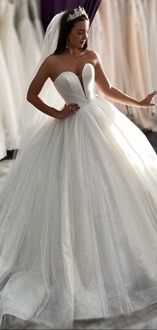 Sweetheart Long A-line Ivory Tulle Wedding Dresses, Shemmering Bridal Gown, Ball Gown Wedding Dresses