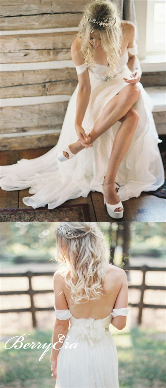 Off Shoulder Long A-line Side Slit Ivory Chiffon Wedding Dresses, Country Wedding Dresses, Bridal Gown