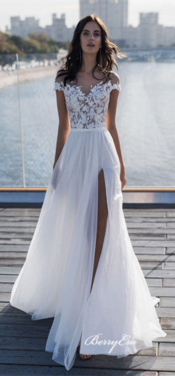 Cap Sleevels Lace Top A-line Side Slit Tulle Wedding Dresses