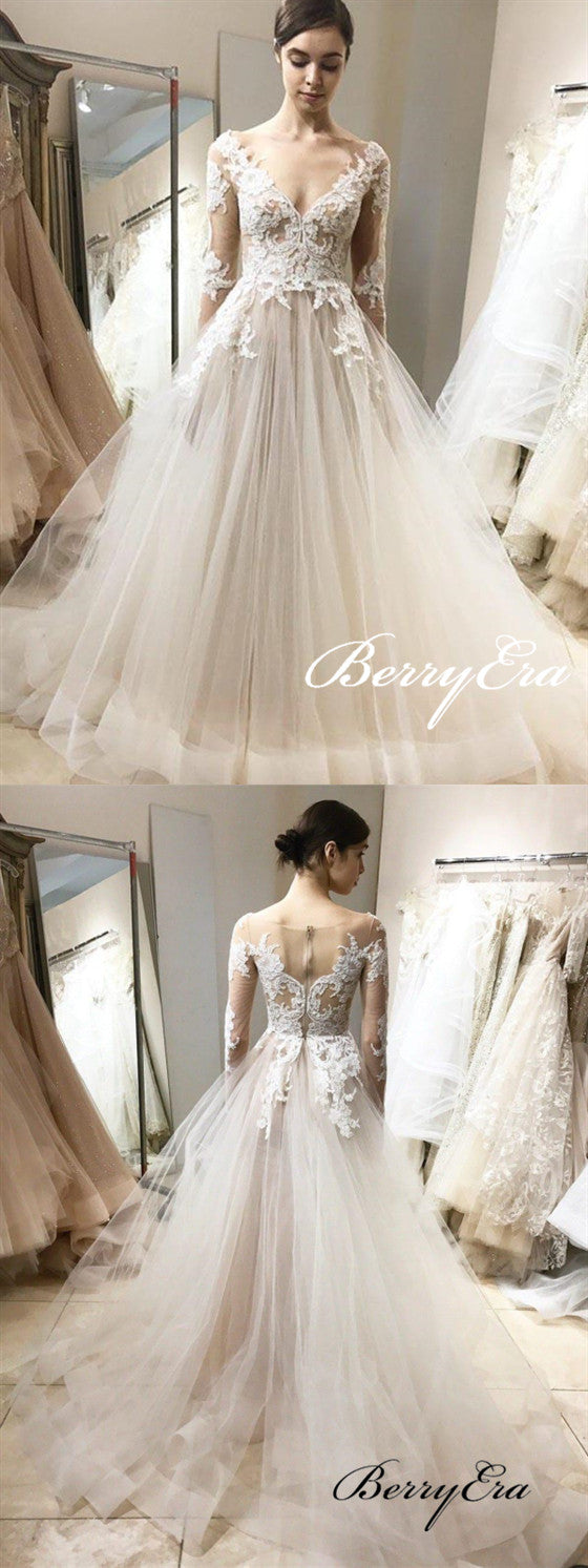 Long Sleeves V-neck Lace Tulle Elegant Wedding Dresses