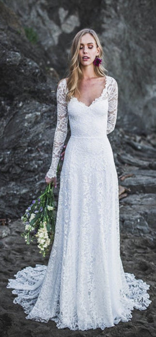 V-neck Long Sleeves Lace Wedding Dresses, Open Back Wedding Dresses, Beach Wedding Dresses