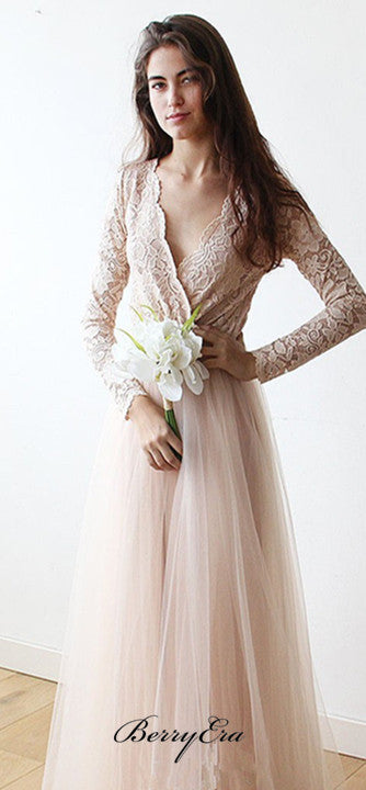 V-neck Long Sleeves Lace Top Tulle Long Wedding Dresses