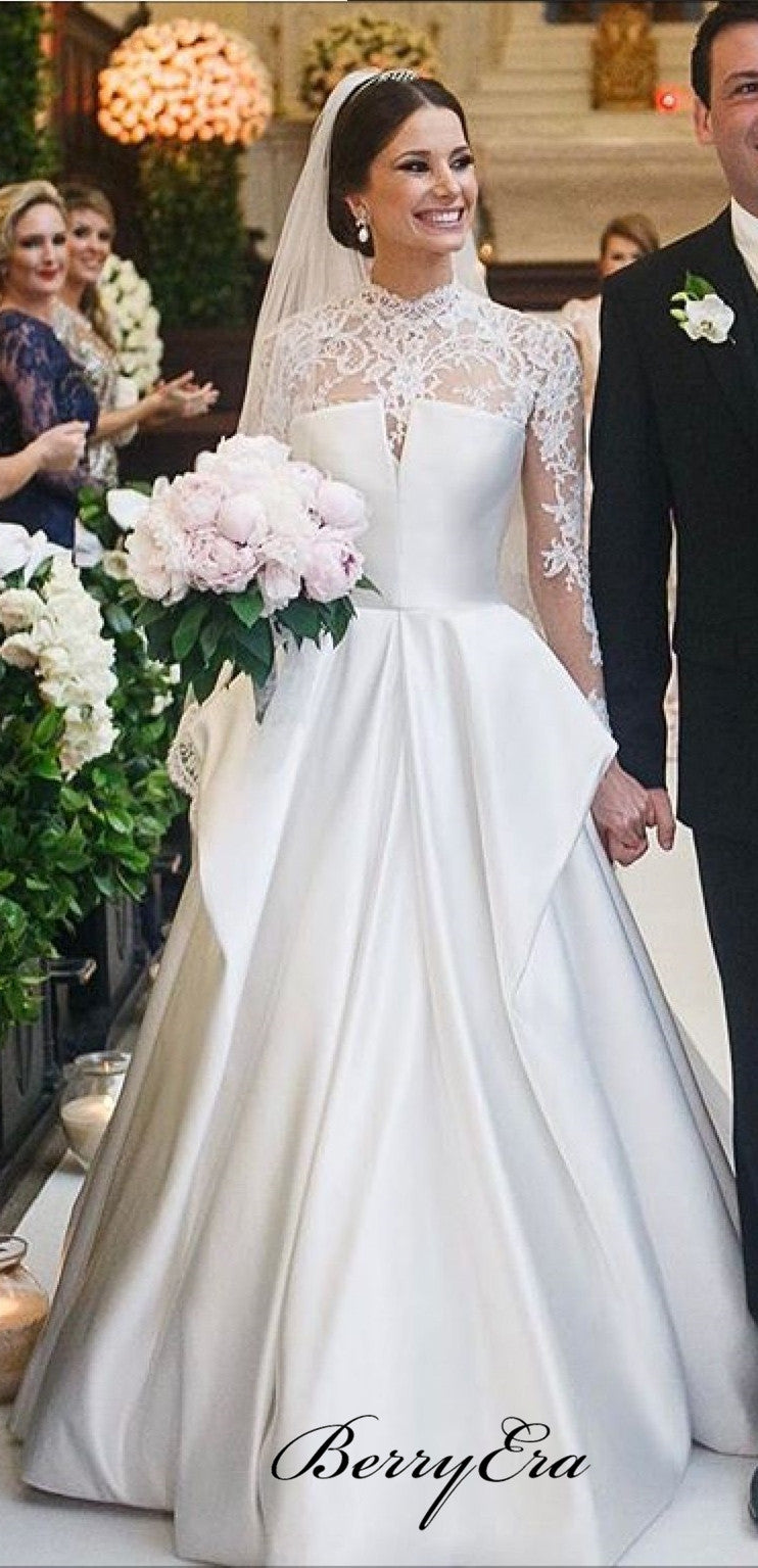 High Neck Lace Top Ivory SAtin A-line Wedding Dresses, Elegant Long Wedding Dresses, Bridal Gown